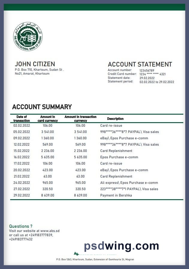 Sudan Agricultural Bank of Sudan Bank Statement (Word)